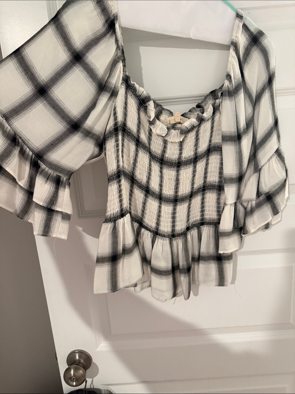 Black & White Plaid Ruffle Peasant Blouse - Women